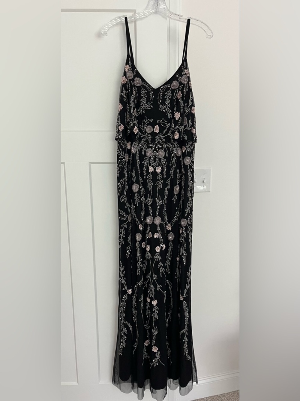 Adrianna Papell Beaded Floral Gown Black Blouson Maxi Formal Dress 16 NWT $349